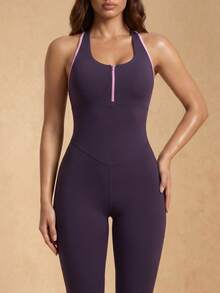 Silquee Women's Contrast Color Hollow Back Jumpsuit, Casual Fitness And Sports Wear - Bold Plum - View 2