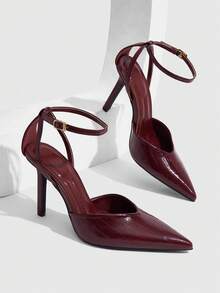 CUCCOO SZL Women's Pointy Sexy Glossy High-Heeled Women's Shoes Stiletto Commuter Avant-Garde Party Gray Word With Buckle Snake Pattern - Burgundy - View 4
