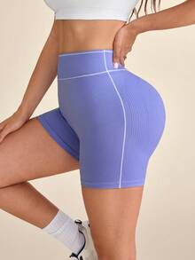 SHEIN Sovereign Charm Women's High Waist Seamless Scrunch Butt Gym Shorts, Stretch Compression Workout Biker Shorts, Lavender Purple Athletic Yoga Activewear - Blue - View 5