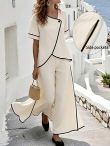 Breezaya Black And White Oblique Collar Trim Short Sleeve Set Casual Commuter Style Wide Leg Pants Elegant 2 Pieces Set Family Fall Party Morning - Apricot - View 5