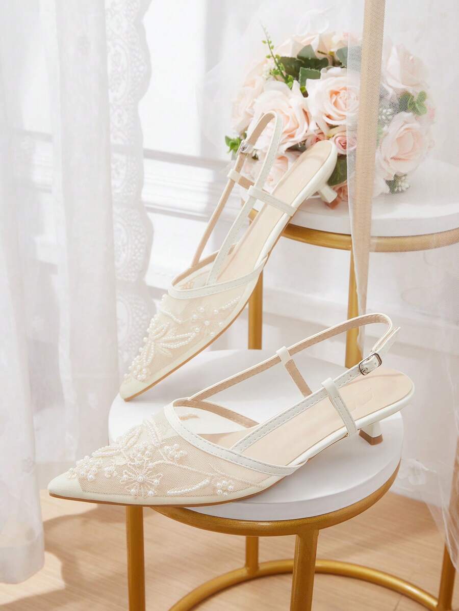 CUCCOO HITCHD Women Shoes Multicolor Mesh Embroidery Pearl Tips, Backstrap Sandals, Low Heel Design, Commuter Dating Wedding Daily Gentle Style Women's Shoes - White - View 1