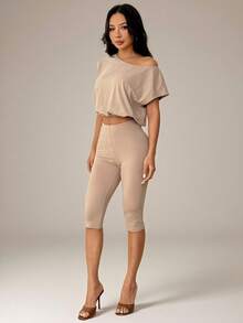 SHEIN PETITE Women's Solid Color Asymmetric Neck Top And Mid-Length Pants Casual Daily Set ,Petite Women - Khaki - View 6