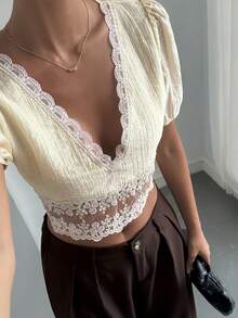 Livesso Women's Elegant Romantic Lace Trim Patchwork Casual Vacation Short Sleeve Blouse For Summer Wedding Banquet Pink And White - Beige - View 2