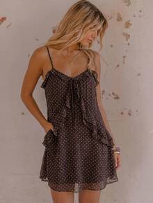Aralina Vestido mini sexy de malla rosa con volantes y estampado animal para verano e invierno - Marrón - Ver 5