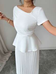 SHEIN Elenzya Vestido midi plisado con patchwork de malla de unicolor para mujer - Blanco - Ver 7