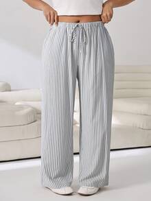 Solflare Pantalones largos de mujer talla grande con rayas, bloques de color, cintura con cordón y bolsillos para primavera/verano - Multicolor - Ver 6