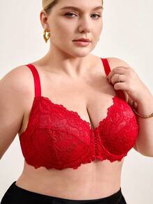 Hourtrue Plus Size Red Lace Bra, Comfortable Full Coverage Unpadded Bra With Front Hollow Tie Design - Red - View 4