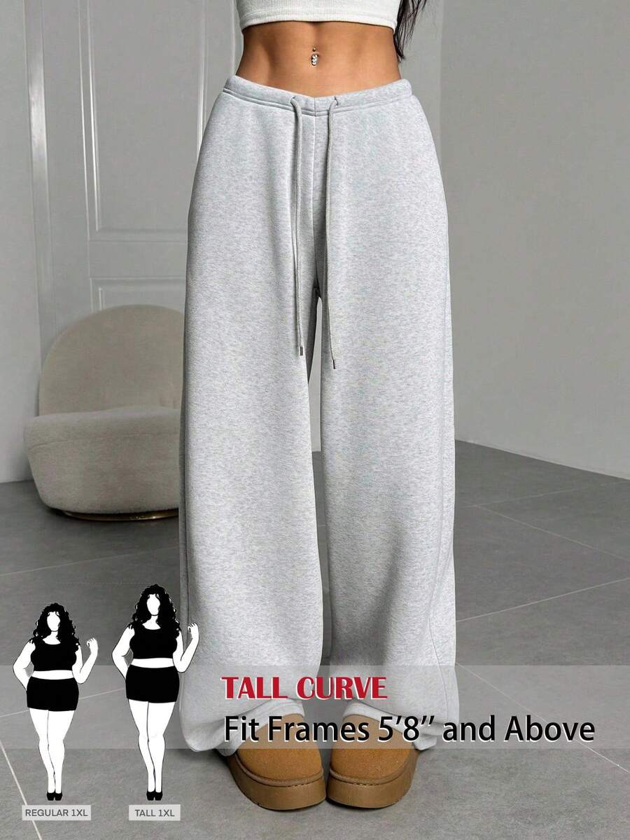 SHEIN Tall CURVE Plus Size Women's Solid Color Drawstring Waist Wide Leg Loose Casual Pants - Light Grey - View 1