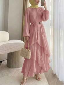 Solavon New Ruched Multi-Layer Flounce Cinched Waist Flowy Beach Dress, Flattering And Suitable For Vacation And Beach Unlined Sleeves - Pink - View 10