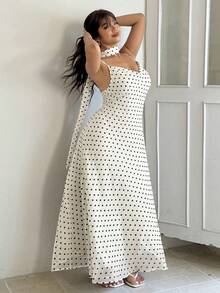 GalTyme Gaun Camisole Wanita Ukuran Plus dengan Motif Polkadot dan Kerah Berkerut - Aprikot - View 7