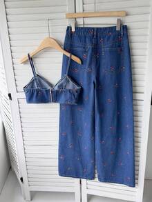 Comfortcana 女款櫻桃刺繡超短吊帶背心與牛仔褲套裝 - 中等水洗藍 - 查看 2