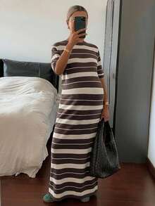 DAZY Round Neck Colorblock Striped Loose Casual Long Maternity Sweater Dress, Spring/Summer/Early Autumn - Brown - View 1