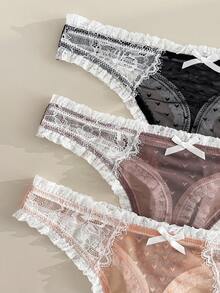 FairyFlirt Women's Lace Patchwork Bow Mesh Comfortable Thong Panties 3-Piece Set - Multicolor - View 4