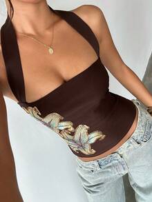 Aloruh Top de mujer con estampado floral, fruncido, ajuste ceñido y cuello halter, versátil para citas y salidas - Marrón - Ver 4