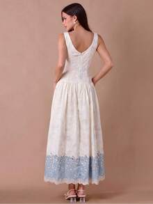 Enchnt 女款夏季優雅花卉刺繡無袖洋裝 - 淺藍色 - 查看 3