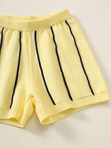 SHEIN 2pcs Kids Young Boy Summer Autumn Casual Yellow Striped Polo Knit Top And Striped Knit Shorts Sweater Set Polo Set Boys Outfit Summer Set Striped Set - Multicolor - View 6