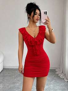 SHEIN Elenzya Damen rotes gestricktes Bodycon Minikleid, gerüschter V-Ausschnitt, ärmelloses Design, sexy elegantes Sommer-Fashion-Statement für Date Night, Party, Pendeln, Urlaubsoutfits - Rot - Übersicht 5