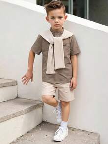SHEIN 3pcs/Set Young Boys Spring/Summer Casual Preppy Style Short Sleeve Shirt, Polo Shirt And Shorts And Shawl Set, Multi-Piece Outfit With Belt, Suitable For Indoor, Outdoor, Daily, Sports, Play, Party, Photography, Vacation, Holiday, Wedding, Full Moon, Baptism And First Birthday Celebration, Baby Shower - Khaki - View 6