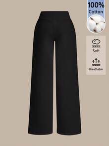 SHEIN BASICS 女款純色抽繩腰鬆身休閒運動長褲 - 黑色 - 查看 7