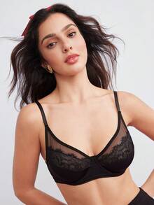 Elorette Contrast Lace Underwire Sexy Lingerie Bra - Black - View 5