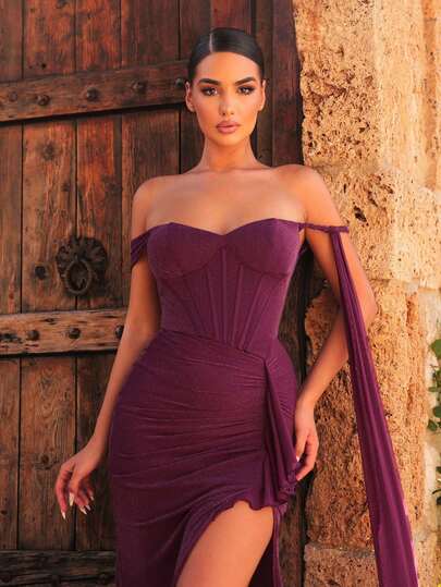 Glamrae Elegant Sexy Deep Purple Glitter Elastic One-Shoulder Sweetheart Neckline Ruched High Slit Cape Drape Train Floor-Length Formal Evening Gown Suitable For Wedding Ball Party Summer Women's Dress