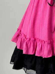 Sunspun Blusa elegante de talla grande con patchwork de gasa, estampado de lunares y decoración de lazo - Rosa Fucsia - Ver 3