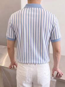 Airaco 男士藍白直條紋 Polo 衫，夏季短袖領口休閒上衣，薄款時尚 T 恤，度假禮物、生日禮物，春夏穿著 - 彩色 - 查看 3