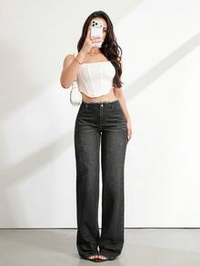 SHEIN Tall 女款高腰深藍色寬腿牛仔褲 磨損腰部休閒夏季度假穿搭 女款休閒水洗直筒牛仔褲 - 黑色 - 查看 8