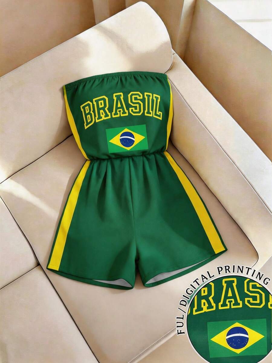 SHEIN Clasi 女款運動大字母世界盃足球印花波西米亞度假風抹胸短連身褲 - 綠色 - 查看 1