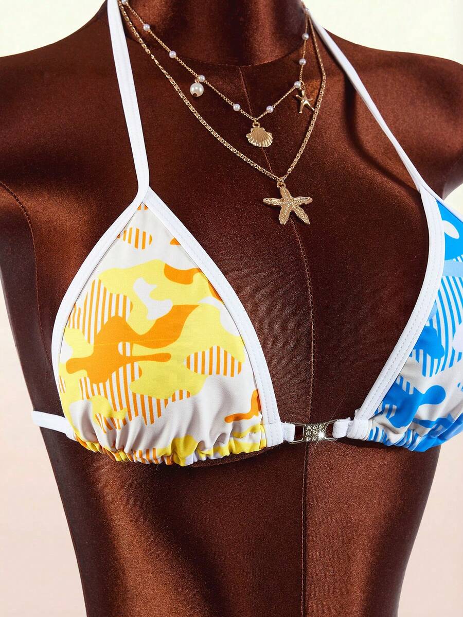 Amplova Women's 2 Pieces Swimwear Set, Camouflage Colorblock Sexy Design, Vacation Wear, Y2K Sexy Style, Backless Strap Shorts Set Rhinestone Decor - Pink - View 1