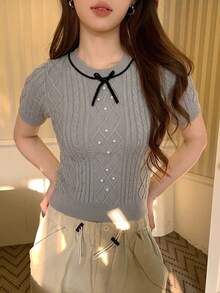 DAZY 女款拼色休閒百搭日常針織上衣 夏季 - 灰色 - 查看 4