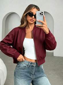 Siren Gaze Chaqueta bomber con cierre de cremallera para otoño/invierno - Granate - Ver 1