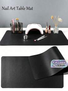 Waterproof And Durable Nail Art Table Mat, Made Of Waterproof And Soft PU Leather, Designed For Studio Tabletops And Foldable Nail Art Armrests. Ideal For Nail Artists In Salons And For Home Use. - Classic Black - View 1