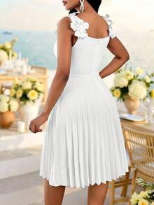 Fleurora Women's Solid Color Applique Pleated Elegant Sleeveless Mid-Length Dress Party Day Party Vacation Vacation White Summer Women's Pleated Dress - White - View 2