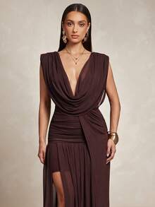 Silquee Sexy Dark Purple Deep V-Neck Long Dress For Summer Luxury Evening For Weddings Night Out Club Elegant For Women Outfits - Coffee Brown - View 5
