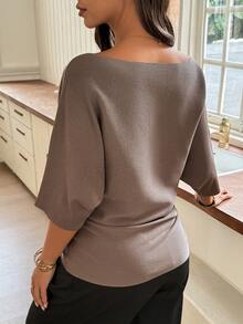 Dazy Maternity Sweater Hamil Lengan Pendek Kasual Warna Polos Longgar untuk Pemakaian Sehari-hari di Awal Musim Gugur - Khaki - View 2