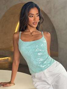Aloruh Sea Blue Sequin Camisole Top, Versatile For Vacation - Baby Blue - View 5