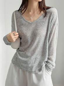 DAZY Kaos Lengan Panjang Kasual Wanita untuk Sehari-hari, Musim Semi/Musim Gugur - Grey - View 2