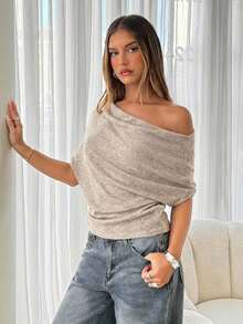 Aloruh Women's New Autumn/Winter Dark Grey Drape Shoulder Asymmetric Neck Short Sleeve Knit Sweater - Khaki - View 4