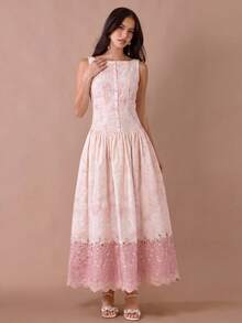 Enchnt Women's Contrast Color Button Half-Placket Embroidered Sleeveless Elegant Long Dress - Pink - View 4
