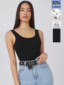 SHEIN BASICS 女款純色修身百搭休閒上衣 - 黑色 - 查看 3