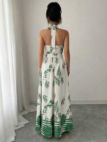 Rafferiza Abito elegante da donna stile vacanza con scollo all'americana, stampa di foglie di palma color albicocca, senza maniche, schiena scoperta, con laccio, abito lungo estivo, abito da spiaggia per vacanze - Verde Scuro - Visualizzare 2
