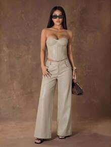 SHEIN PETITE Women's Solid Color PU Leather Pocket Wide Leg Loose Pants Night Party Beige Autumn Sexy - Apricot - View 1
