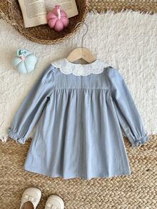 Cozy Pixies Baby Girl Contrast Color Ruffle Collar Embroidered Cartoon Pattern Long Sleeve Dress Versatile Comfortable - Blue - View 2