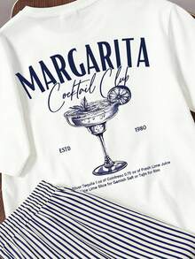 Daypath 男士T恤套裝，美式復古Margarita印花T恤與條紋短褲組合套裝，適合日常休閒、朋友聚會、海灘度假 - 白色 - 查看 3