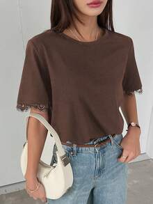 Livesso Petite Women's Summer Casual Solid Color Lace Patchwork T-Shirt, Petite Brunch Dark Brown - Brown - View 3