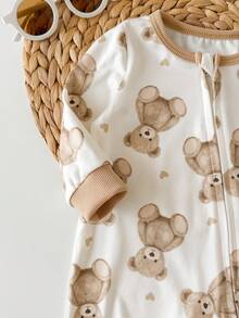 SHEIN Newborn Baby Girl Casual Cute Knitted Cartoon Pattern Long Sleeve Home Wear Romper - Apricot - View 3