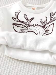Cozy Pixies 2pcs/Set Baby Girl Cartoon Animal Floral Deer Pattern Knitted Soft Crew Neck Ruffle Long Sleeve Pullover Sweatshirt Elastic Waist Flared Long Pants Two Pieces Set, Suitable For Autumn/Winter, Casual Outfits, Indoor, Outdoor Leisure, Skiing, Back To School, Daily, Sports, Play, Party - White - View 9