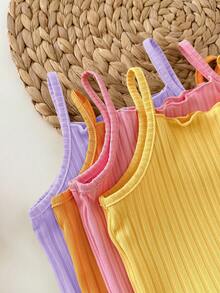 SHEIN Kids Young Girl Solid Color Ribbed Camisole And Shorts Set Orange Summer Pcs - Multicolor - View 6