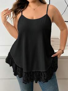SHEIN CURVE+ 大尺碼黑白兩件式娃娃風細肩帶背心套裝，適合居家、街頭與度假穿著 - 黑與白 - 查看 5